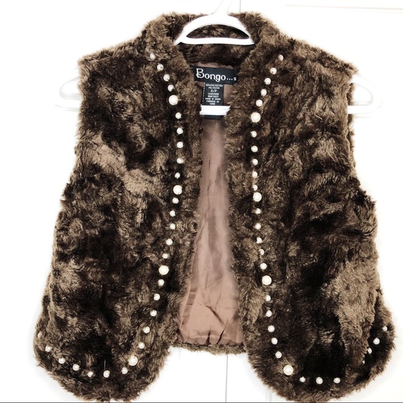 Bongo Faux Fur Vest Pearl Dark Brown Crop Jacket - Picture 2 of 8